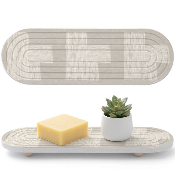 1 PCS Cream Overlay Blocks Water Absorbent Diatomite Coasters Abstract Minimalist Beige Line Art Non-silp Diatomite Stone Sink Tray with Grooved Design for Bathroom Kitchen Counter 12x4in