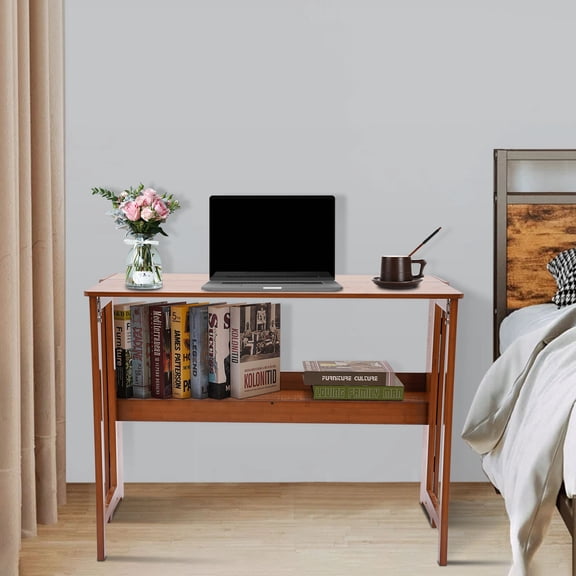 1 PCS Dark Brown Folding Desk, Computer Desk with Bookshelf, Writing Desk for Student Office, Max. Overall Load Capacity: Approx. 50kg/110.23lbs