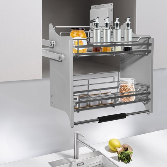 1 PCS Dark Grey Cabinet Pull-Down Shelf, Pull-Down Dish Rack, Space-saving 2-tier Rack, Max. Load-bearing Capacity: 10kg/22.05lbs