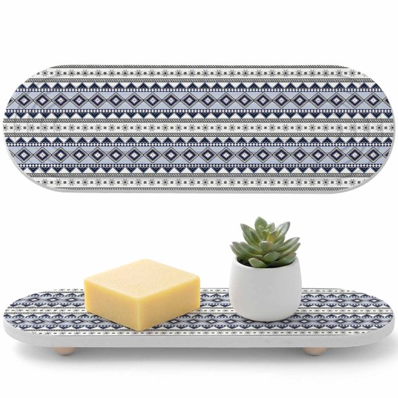 1 PCS Diamond Strips Water Absorbent Diatomite Coasters Abstract Rustic Vintage Boho Blue White Farmhouse Non-silp Diatomite Stone Sink Tray with Grooved Design for Bathroom Kitchen Counter 12x4in