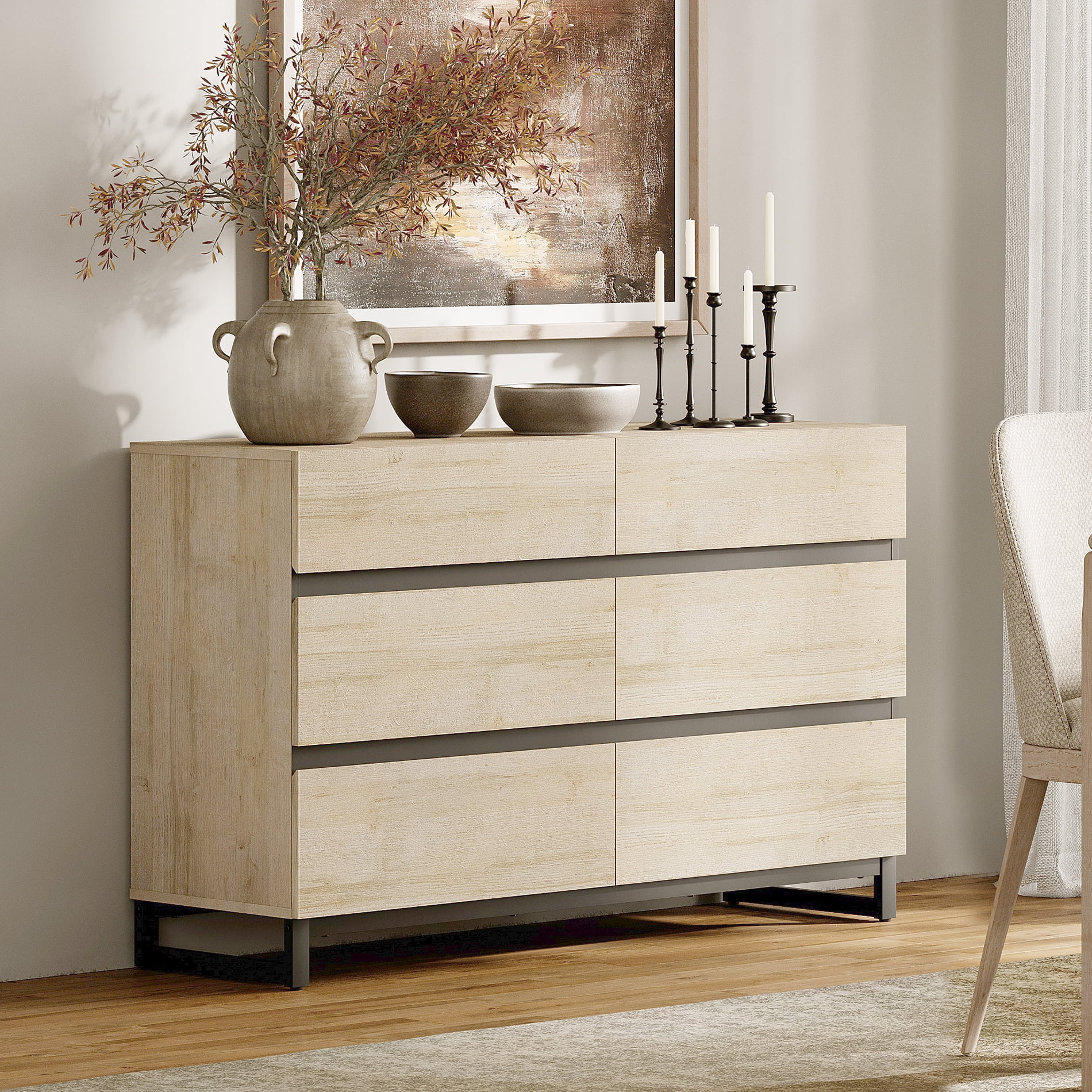 1 PCS Dresser For Bedroom, Closet Organizers And Storage With 6 Drawers, Chest Of Drawers With Metal Base, Modern Wood Dresser,Beige