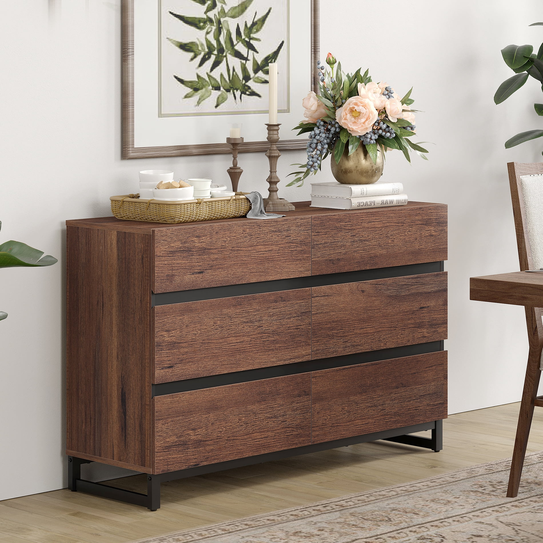 1 PCS Dresser For Bedroom, Closet Organizers And Storage With 6 Drawers, Chest Of Drawers With Metal Base, Modern Wood Dresser,Brown