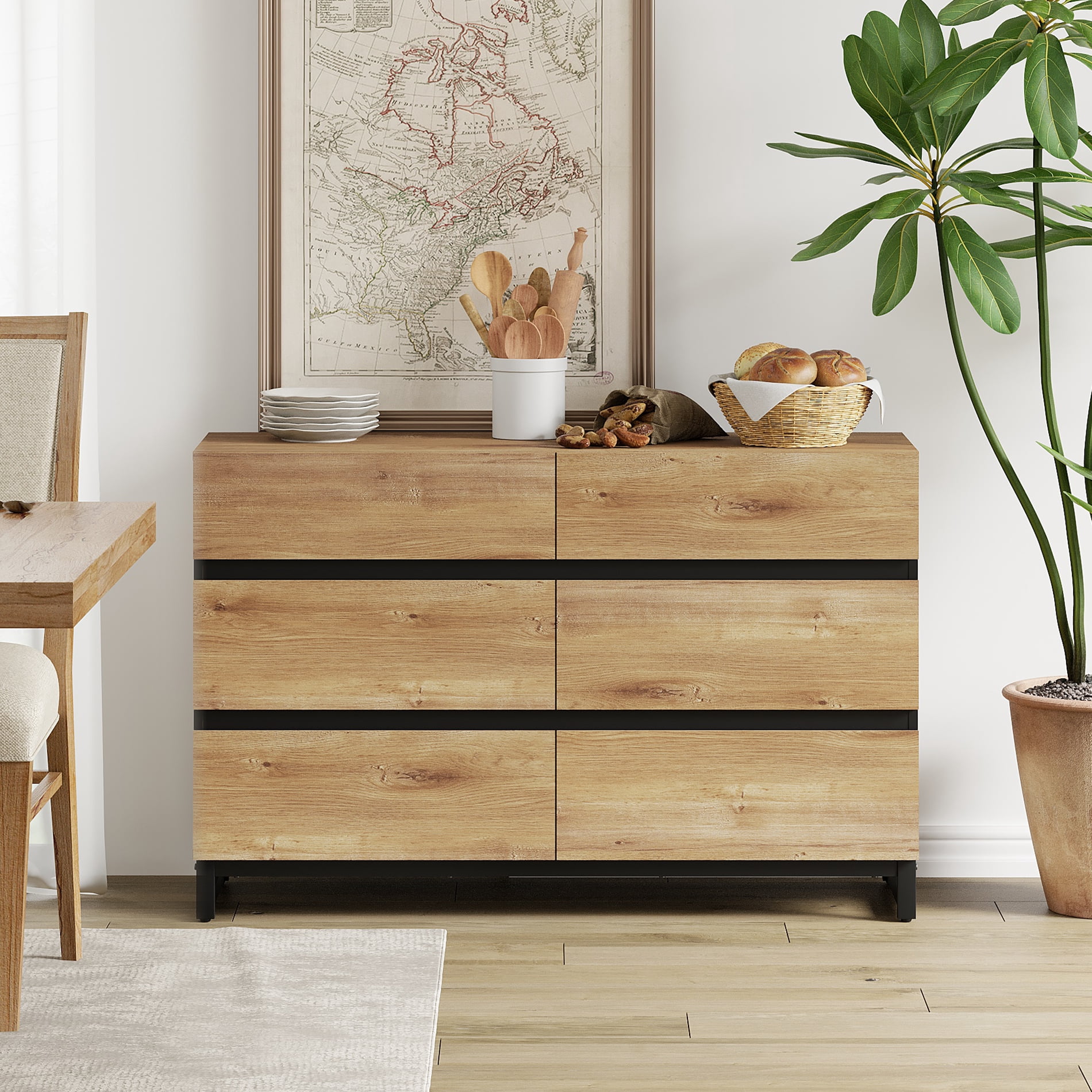 1 PCS Dresser For Bedroom, Closet Organizers And Storage With 6 Drawers, Chest Of Drawers With Metal Base, Modern Wood Dresser,Oak