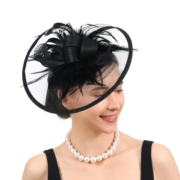 Structured Loop Fascinator Hat with Satin Bow & Feather Accents for Wedding Derby Church Tea Party Formal Side Clip Headpiece