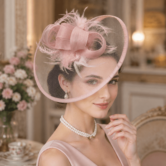 Structured Loop Fascinator Hat with Satin Bow & Feather Accents for Wedding Derby Church Tea Party Formal Side Clip Headpiece