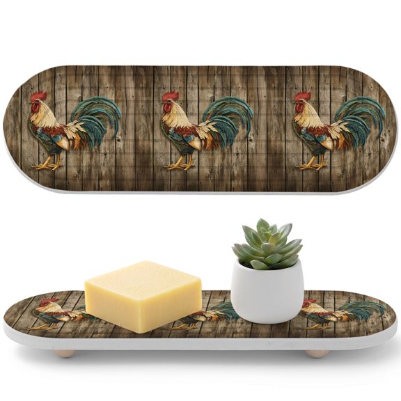 1 PCS Farm Rooster Water Absorbent Diatomite Coasters Country Farmhouse Vintage Barn Brown Wood Grain Non-silp Diatomite Stone Sink Tray with Grooved Design for Bathroom Kitchen Counter 12x4in