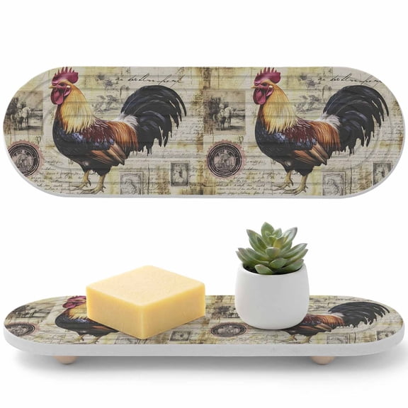 1 PCS Farm Rooster Water Absorbent Diatomite Coasters Country Vintage Farmhouse Historical Stamp Postmark Non-silp Diatomite Stone Sink Tray with Grooved Design for Bathroom Kitchen Counter 12x4in