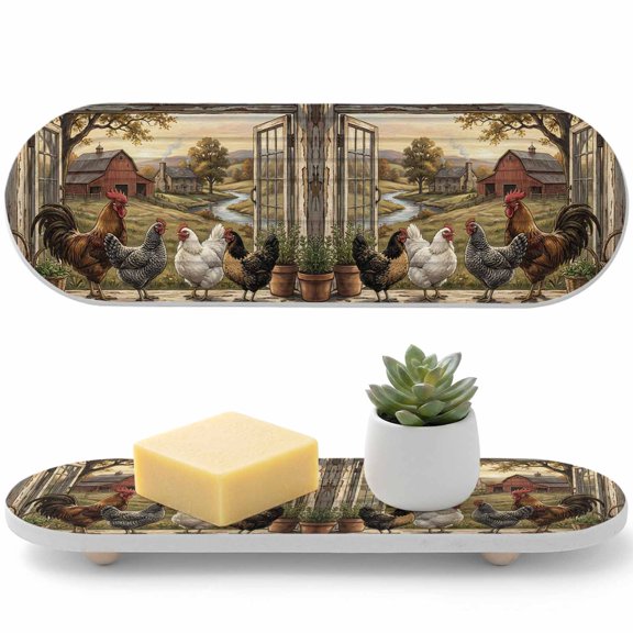 1 PCS Farm Water Absorbent Diatomite Coasters Pastoral Landscape Farmhouse Rooster Hen Chicken Barn Non-silp Diatomite Stone Sink Tray with Grooved Design for Bathroom Kitchen Counter 12x4in