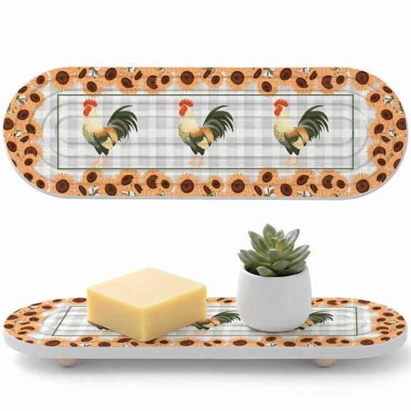 1 PCS Farmhouse Rooster Water Absorbent Diatomite Coasters Vintage Yellow Sunflowers Border Rustic Grey Plaid Non-silp Diatomite Stone Sink Tray with Grooved Design for Bathroom Kitchen 12x4in