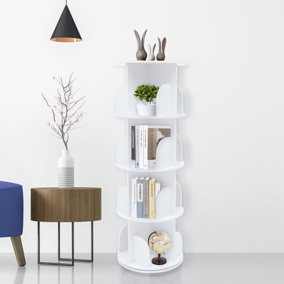1 PCS Floor Rotating Bookshelf, 4 Layers White Rotating Bookshelf, 360 Display Floor Standing Bookcase Storage Rack, Multi-Functional Bookshelf Organizer, for Living Room/ Bedroom/ Study/ Office