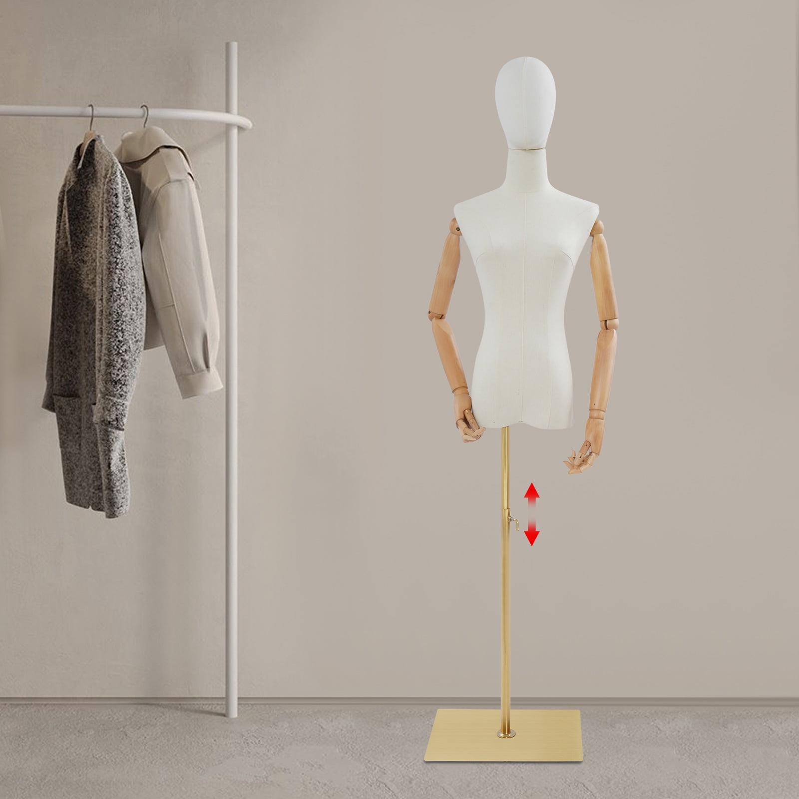 1 PCS Free Standing Female Mannequin, Female Dress Form Display for Boutiques, Clothing Stores, Display Windows, Shopping Malls, Adjustable Height Female Mannequin, White+ Wood Color+ Golden