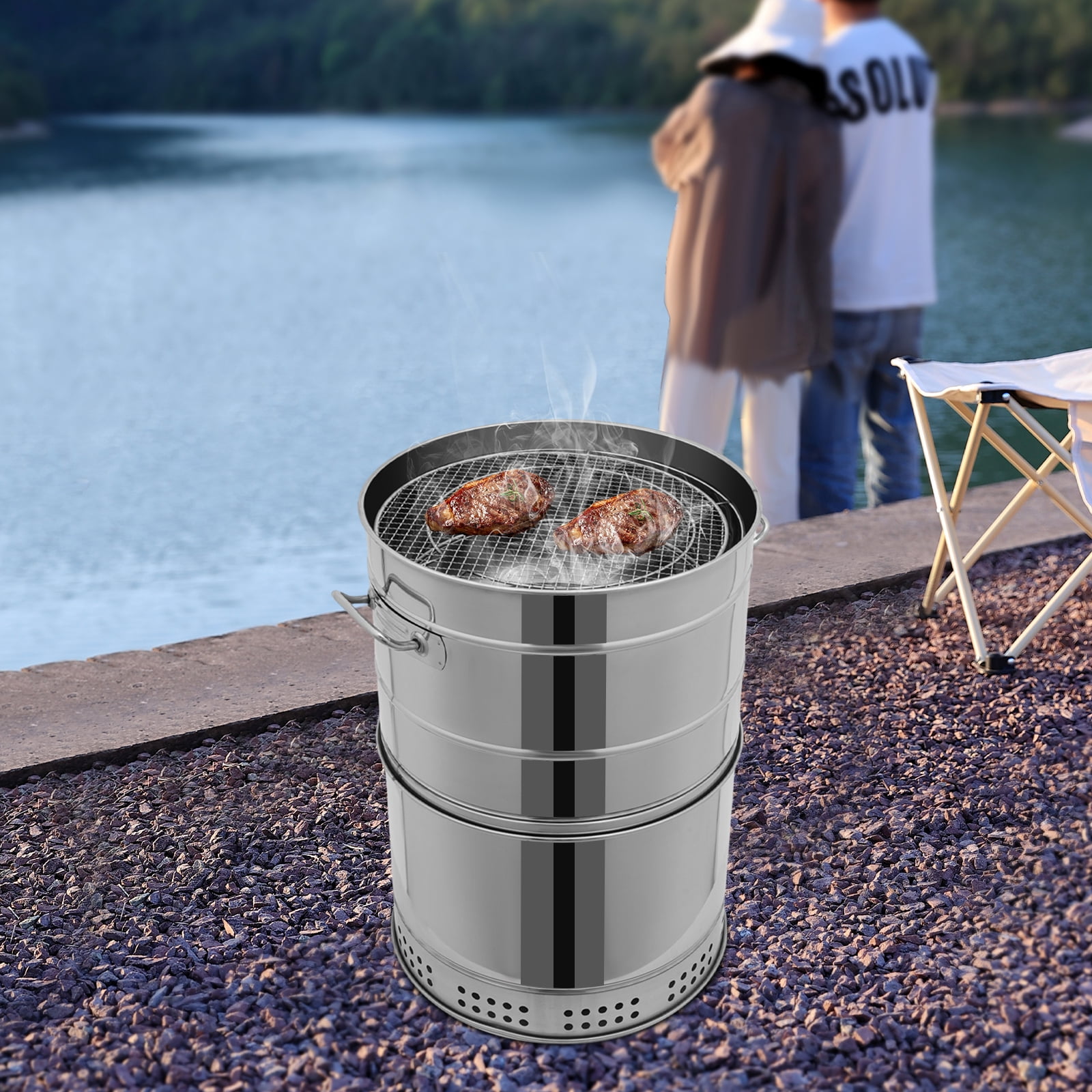 1 PCS Freestanding Large Portable Charcoal Grills,  201 Stainless BBQ Grill Barrel, Portable Barbecue Grill