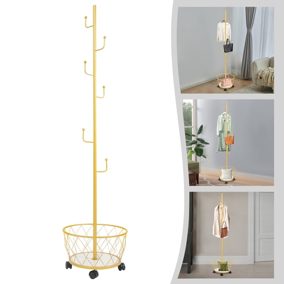 1 PCS Gold 30*165cm/ 11.81*64.96in Coat Rack, Coat Rack with Storage Basket, Freestanding Coat Rack, used to hang coats, scarves, hats, school bags, purses, suits