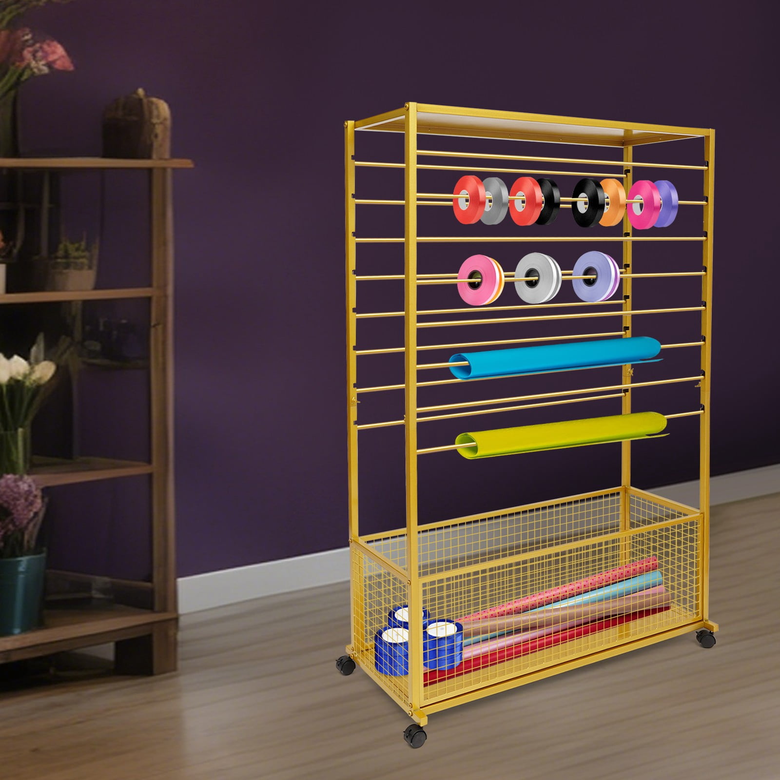 1 PCS Gold Double-Sided 16 Tier Ribbon Rack, Ribbon Holder, Storage Shelf For Ribbon,Wrapping Paper