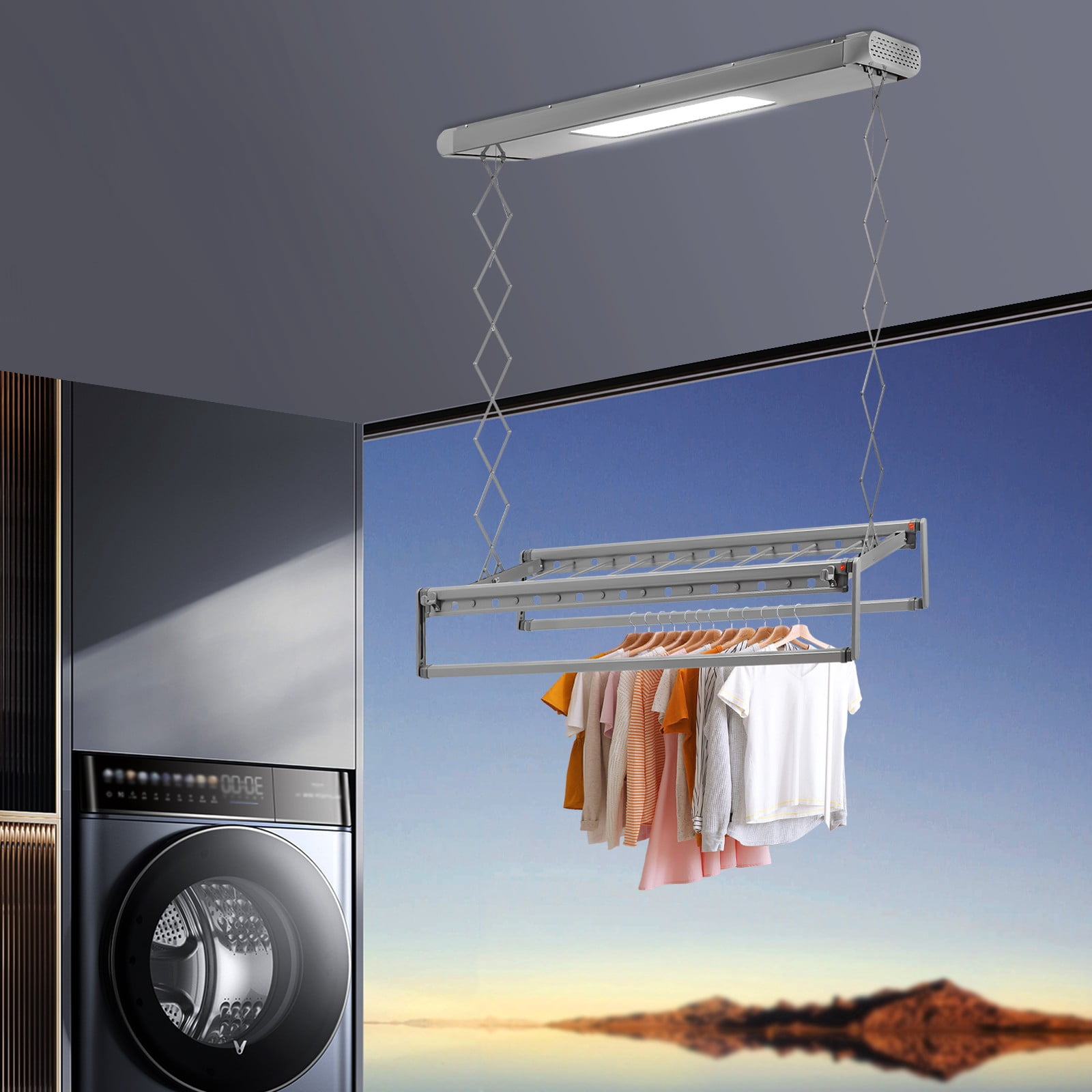 1 PCS Gray Electrical Airing Rack, Airing Rack with Remote Control, Electrical Airing Rack with Light, Overall Load-bearing Capacity: 35kg/77.16 lbs, 110V