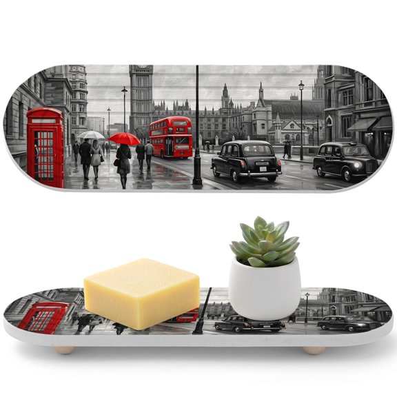 1 PCS Grey London Water Absorbent Diatomite Coasters European Urban Rainy Tower Red Bus Travel Landscape Non-silp Diatomite Stone Sink Tray with Grooved Design for Bathroom Kitchen Counter 12x4in