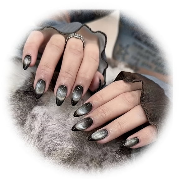 Edgy Gunmetal Cat Eye Stiletto Press On Nails Halloween Christmas Gift Set for Women