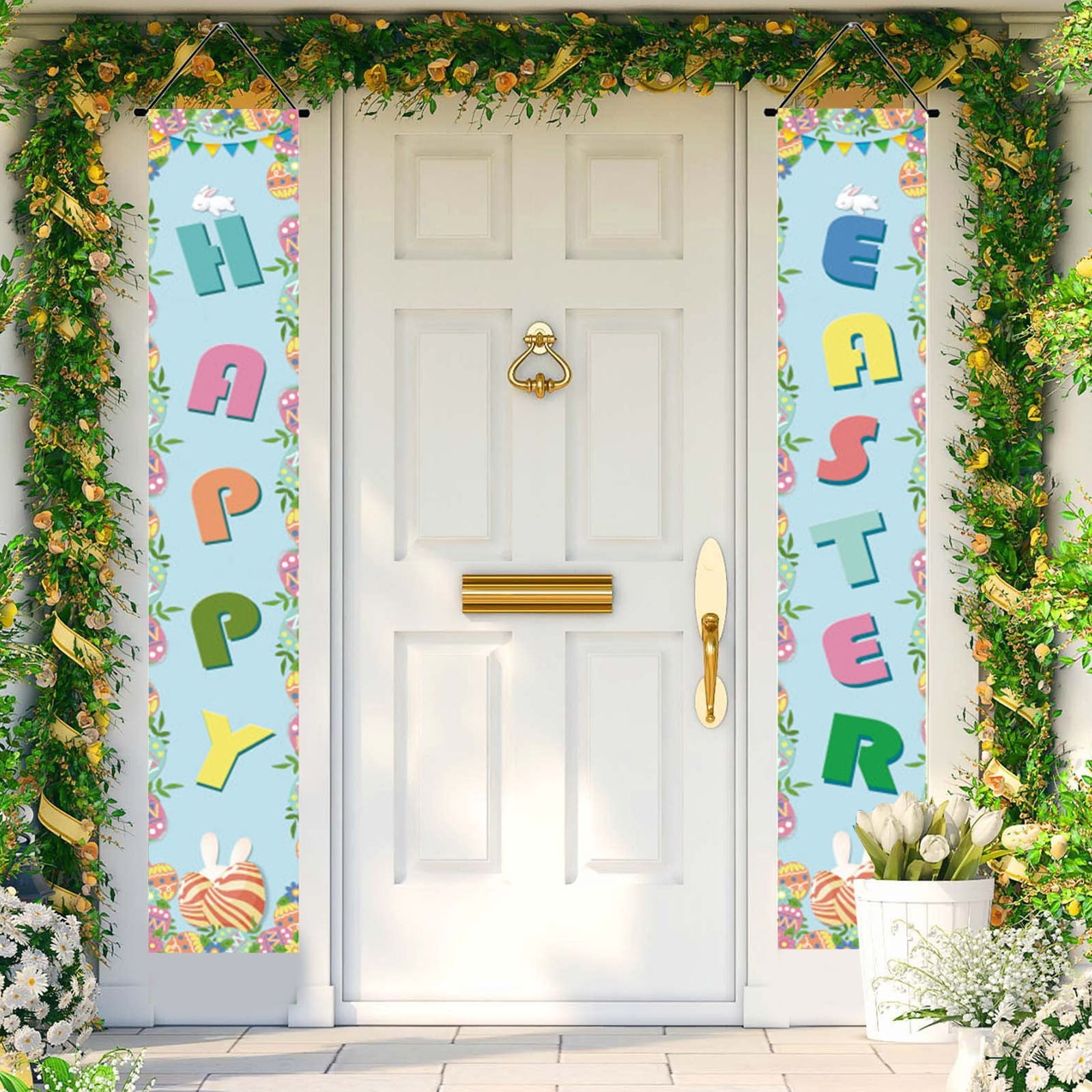 1 Pcs Happy Easter Porch Banner Bunny Egg Rabbit Party Front Door Sign 