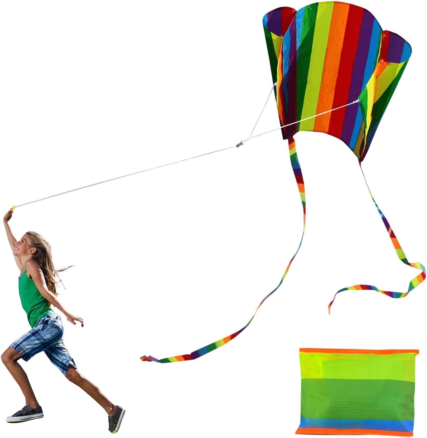 1 PCS Kite For Children, Rainbow Kite Colorful Pocket Kite with Long Tail, Easy Flyer Kite With String Line, Beach Game Outdoor Activities for Beginner, Kids and Adult, Gift to Boys Girls