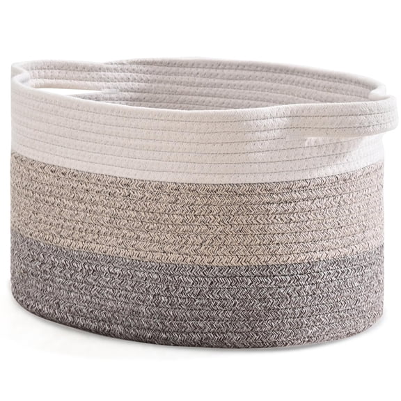 1 PCS Large Woven Cotton Rope Storage Basket With Handles - 15"x10"x9.5" Decorative Organizer for Toys, Books, Living Room - Gradient Brown