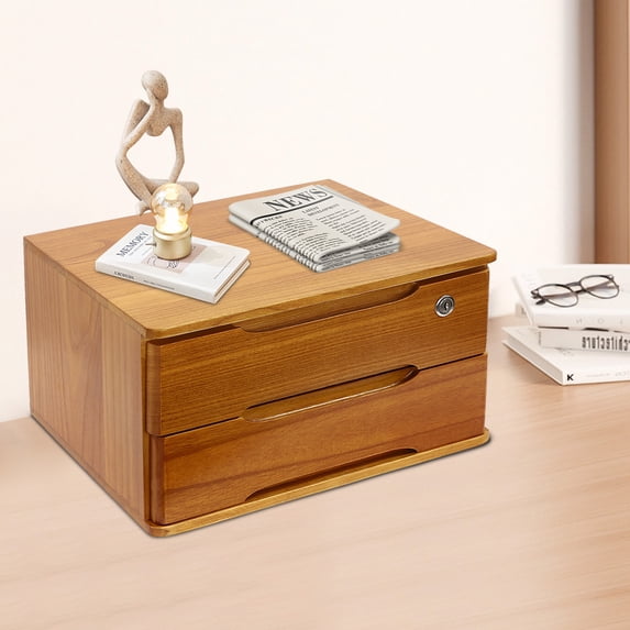 1 PCS Lockable 2 Tiers Wood Yellow Wooden Desktop Storage Box, Desk Organizer with 1 Locker, Desktop Storage Box with Lockable Drawers