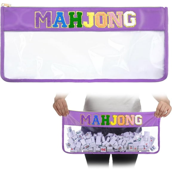 1 PCS Mahjong Bag - Empty Mahjong Tiles Bag Only with Zippered & Letters, Case Only(Purple,Moh-jong)