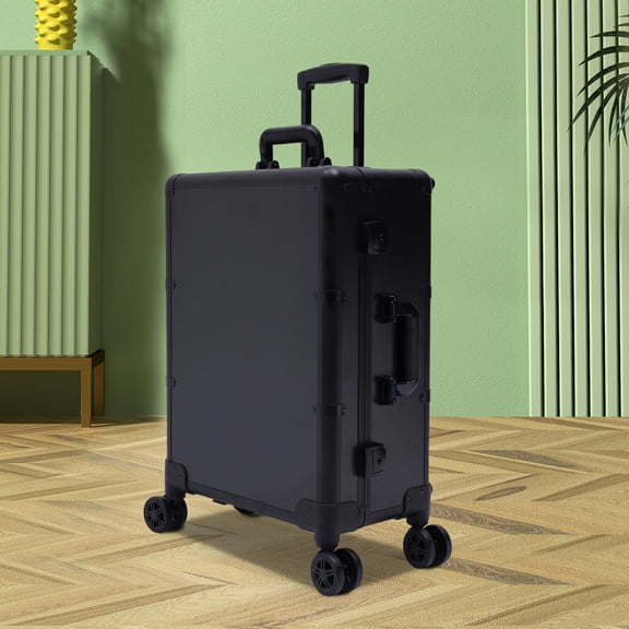 1 PCS Make-Up Case, Cosmetic Train Table with 4 Rolling Wheels& Lights & Mirror, Pro Make-Up Station, Cover Panel and Easy-to-Clean Extendable Trays, Adjustable Legs, Robust