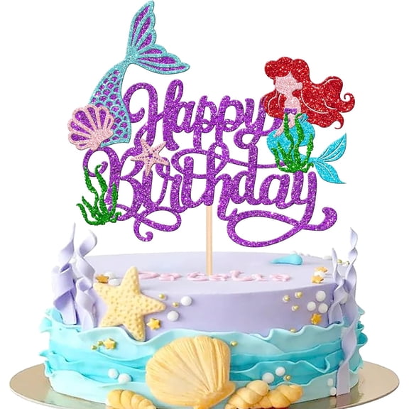1 PCS Mermaid Happy Birthday Cake Topper - Glitter Ocean Starfish Seawood Seashells Tail Cake Decoration for Under the Sea Theme Baby Shower Birthday Party Supplies Purple