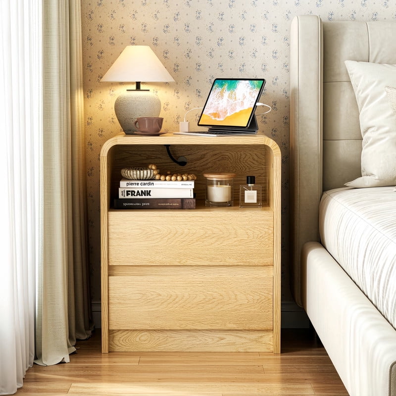 1-PCS Modern Nightstand with Charging Station, Wooden Bedside Storage Table with 2 Handleless Drawers & Open Compartment