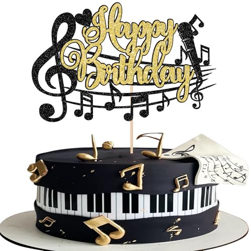 1 PCS Music Happy Birthday Cake Topper Black Gold Glitter Musical Symbol Note Microphone Music Lover Birthday Cake Pick for Concert Singer Theme Party Cake Decoration Supplies