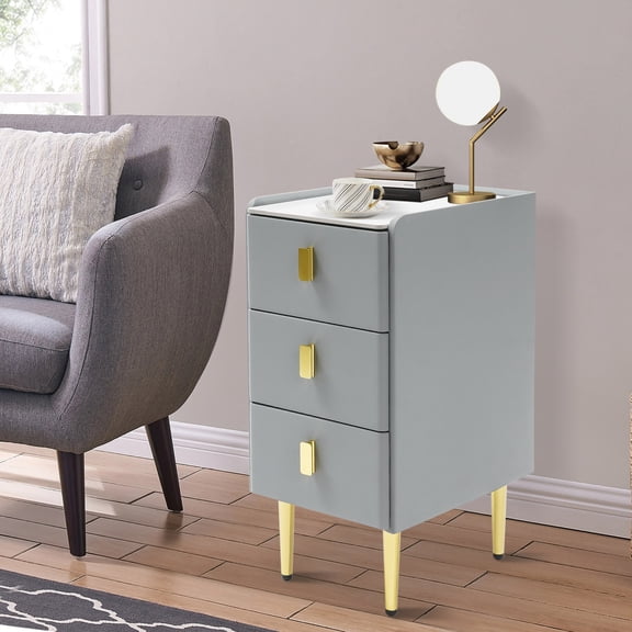 1 PCS Narrow Nightstand with Drawers, Bedside Table for Bedrooms, Narrow Side Table Leather(Light Grey, Gold), 3 Drawers