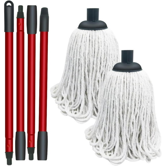 1 PCS Ocedar Spin Mop Four-Section Handle and 2 PCS Cotton String Screw on Mop Replacement Head Compatible with Ocedar as Well All Standard US Threading Pole (Acme 3/4 inch Thread)