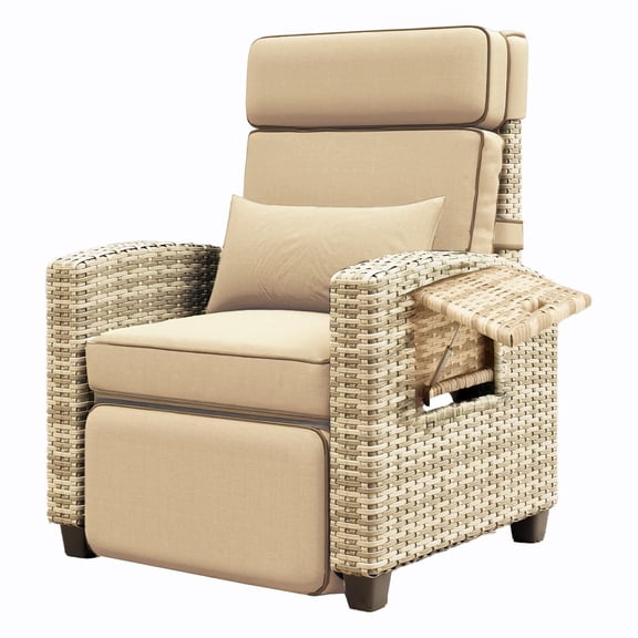 1 PCS Outdoor Recliner Chair, Patio Lounge Chair with Adjustable Backrest & Footrest, 145° Reclining Chair, Flip-Up Side Table and Removable Khaki Cushion for Poolside, Deck, Balcony, Garden