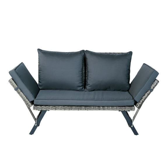 1 PCS Patio Wicker Side Foldable Bench Patio Backyard Conversation Bench Grey Wicker + Dark Grey Cushion