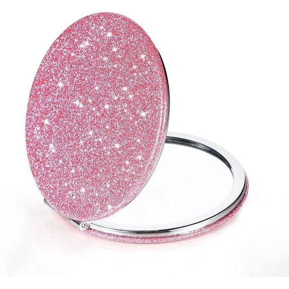 1 PCS Pink Glitter Pocket Mirror: Folding double-sided 1x/2x magnification compact. Perfect purse & travel mirror. A cute Christmas or Halloween gift.