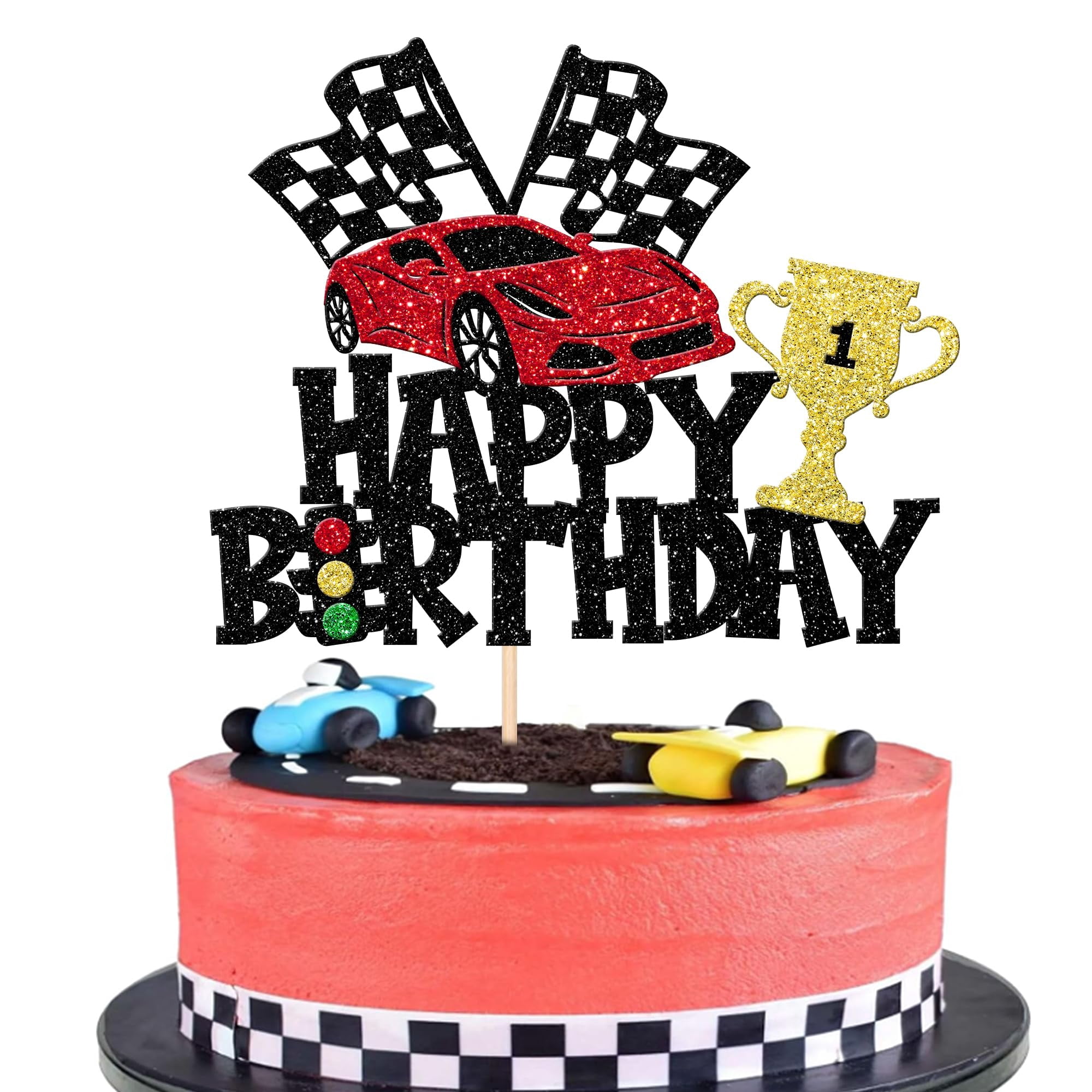 Race Car Happy Birthday Cake Topper - Glitter Checkered Flag, Traffic Light, Trophy, Wheel - View #11