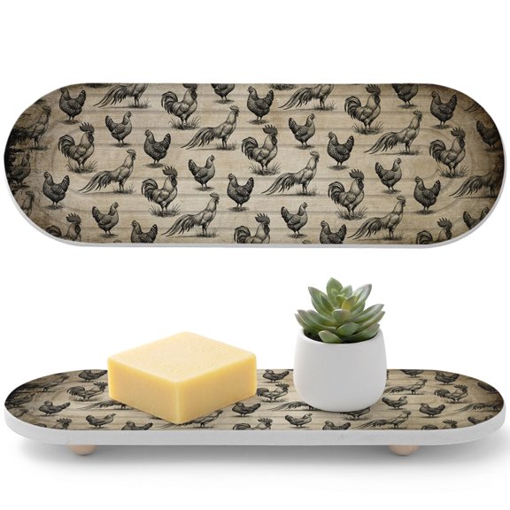 1 PCS Retro Farm Water Absorbent Diatomite Coasters Chicken Rooster Farmhouse Non-silp Diatomite Stone Sink Tray with Grooved Design for Bathroom Kitchen Counter 12x4in