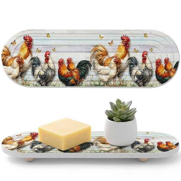 1 PCS Rooster Farmhouse Hen Water Absorbent Diatomite Coasters Country Butterfly Rustic Wood Grain Non-silp Diatomite Stone Sink Tray with Grooved Design for Bathroom Kitchen Counter 12x4in