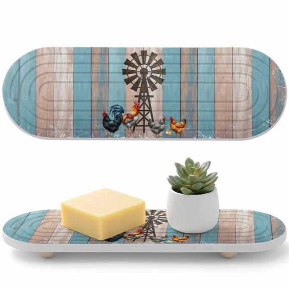 1 PCS Rooster Hen Water Absorbent Diatomite Coasters Rustic Windmill Farmhouse Wood Striped Country Non-silp Diatomite Stone Sink Tray with Grooved Design for Bathroom Kitchen Counter 12x4in