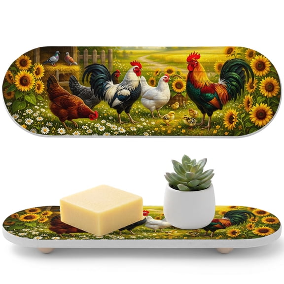 1 PCS Rooster Hens Water Absorbent Diatomite Coasters Rustic Farmhouse Flowers Country Farm Non-silp Diatomite Stone Sink Tray with Grooved Design for Bathroom Kitchen Counter 12x4in