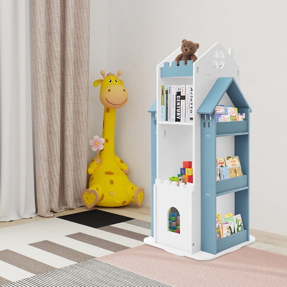 1 PCS Rotating Bookshelf, Book Display Shelf for Living Room, Study Room, Bedroom, Library, Reading Room, School, Floor Standing Bookshelf, Multi-functional Shelf, 360 Rotation Design, Blue+White