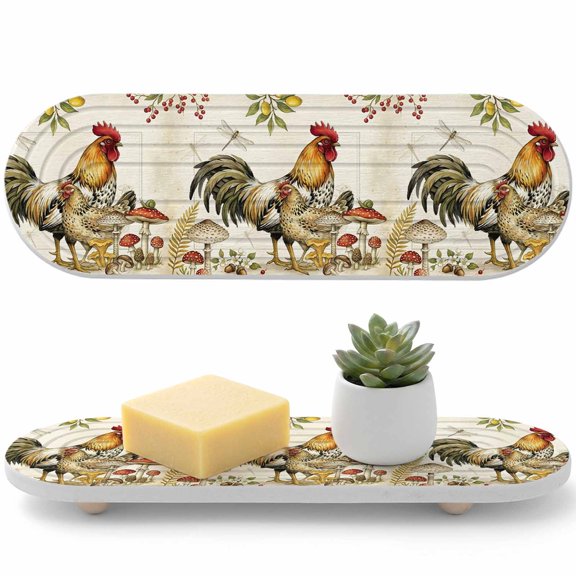 1 PCS Rustic Rooster Hens Water Absorbent Diatomite Coasters Farmhouse Mushroom Country Non-silp Diatomite Stone Sink Tray with Grooved Design for Bathroom Kitchen Counter 12x4in