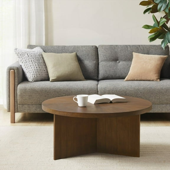 Brown Round Coffee Table for Living Room, Wipe Clean with Damp Cloth, Space-Saving