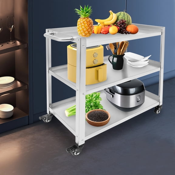 1 PCS Silver 74*40*77cm/29.13*15.75*30.31in 3 Tier Stainless Steel Kitchen Trolley Cart, Utility Serving Storage Rolling Car Shelf, Kitchen Trolley Car