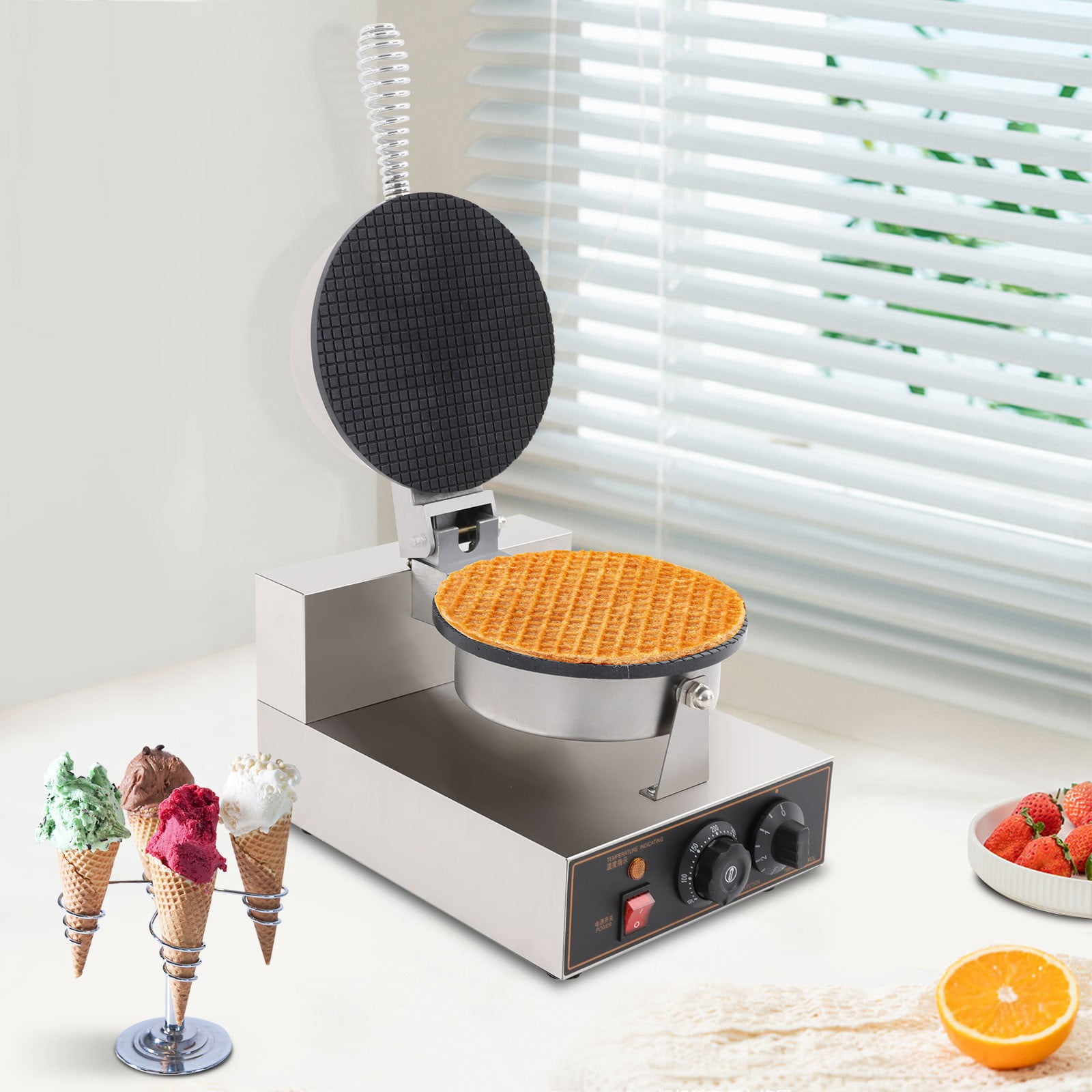 1 PCS Silver Commercial Ice Cream Cone Machine, Waffle Cone Maker, 201 Stainless Steel Electric Egg Roll Mold Ice Cream Cone Maker for Home Restaurant Use, 1200W