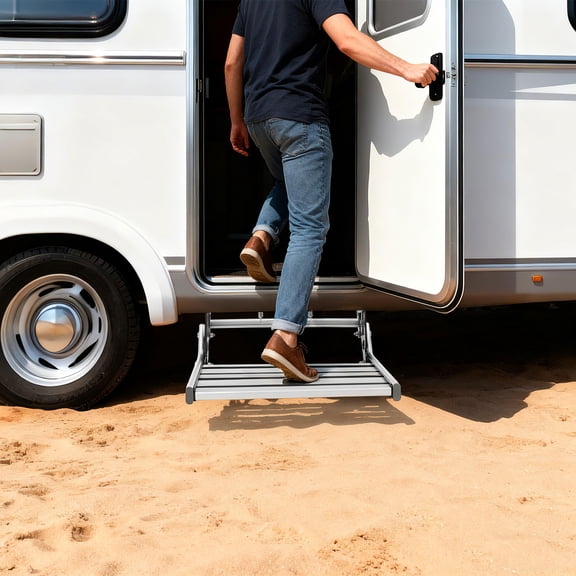 1 PCS Silver Folding RV Step, RV Camper Step, Manual RV Step with LED Light, 150kg/330.69lbs Load Bearing Capacity