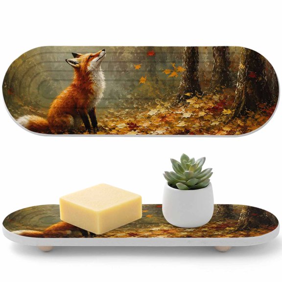 1 PCS Sitting Foxes Water Absorbent Diatomite Coasters Red Orange Maple Leaf Forest Gold Sunbeams Rustic Non-silp Diatomite Stone Sink Tray with Grooved Design for Bathroom Kitchen Counter 12x4in