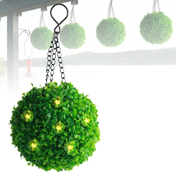 1 PCS Solar Powered Topiary Hanging Lamp, Round Shaped Artificial Greenery with LED Decorative Light for Garden, Patio, and Pathway, Easy to Install Weatherproof Outdoor Decor Gift