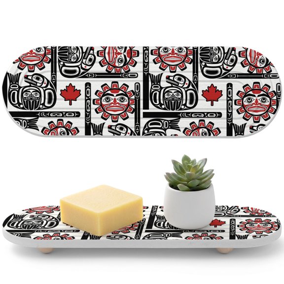 1 PCS Sun Totem Water Absorbent Diatomite Coasters Country Vintage Abstract Red Maple Leaf Black Outlines Non-silp Diatomite Stone Sink Tray with Grooved Design for Bathroom Kitchen Counter 12x4in