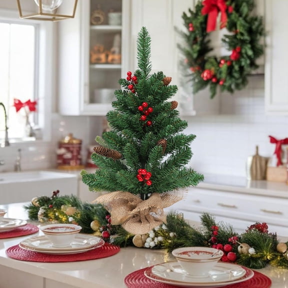 1 PCS Tabletop Christmas Tree, Small Flocked Xmas Tree Mini Artificial Pine Tree with Burlap Base for Desk Table Fireplace Mantel Decor 24 Inches